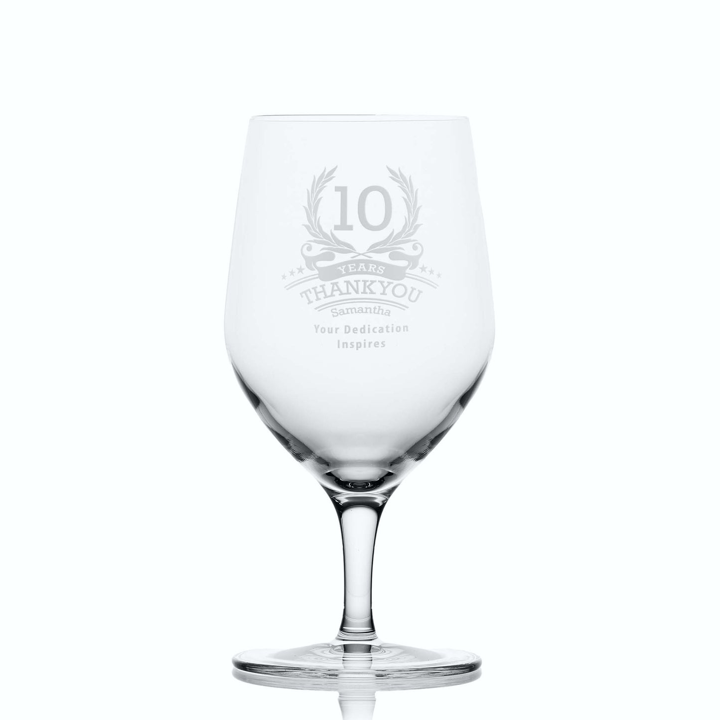 10 Year Photo: Whisky tumbler featuring ‘10’ in a laurel wreath, with personalised text underneath