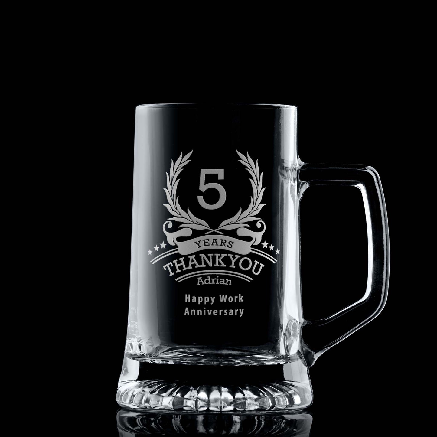 Tankard engraved for five years of service, featuring wreath, stars, and curved text