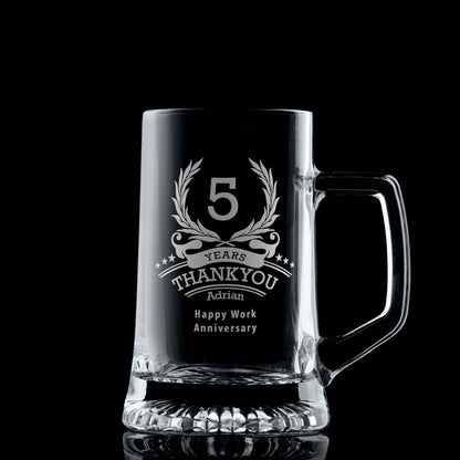 Tankard engraved for five years of service, featuring wreath, stars, and curved text