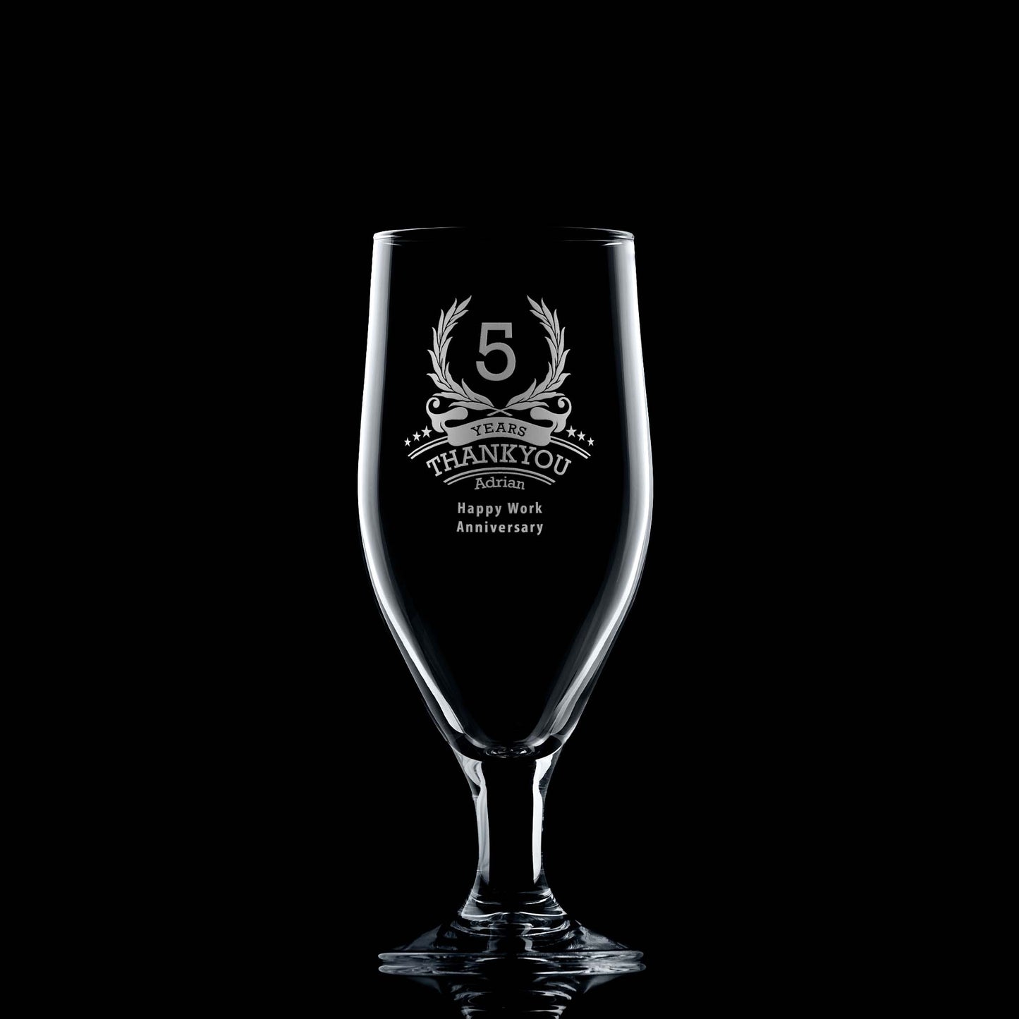 Five Year Photo: Stemmed beer glass with '5' in a laurel wreath and engraved message recognising club loyalty