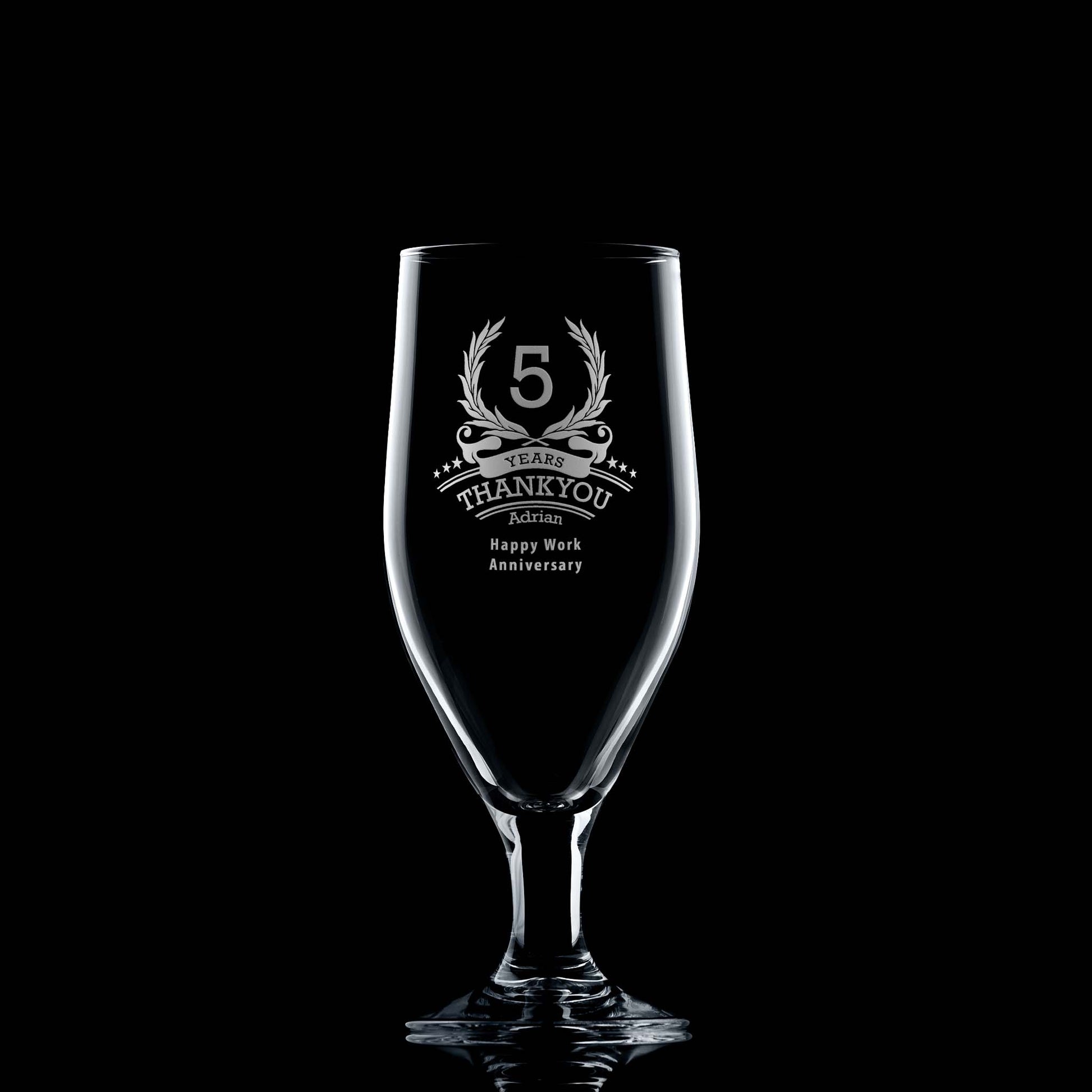 Five Year Photo: Stemmed beer glass with '5' in a laurel wreath and engraved message recognising club loyalty