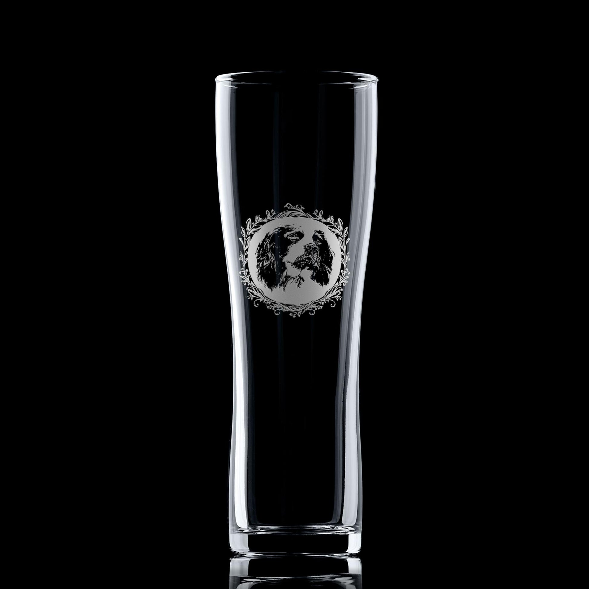 Pint Glass with engraved english springer spaniel portrait framed with leafy garland