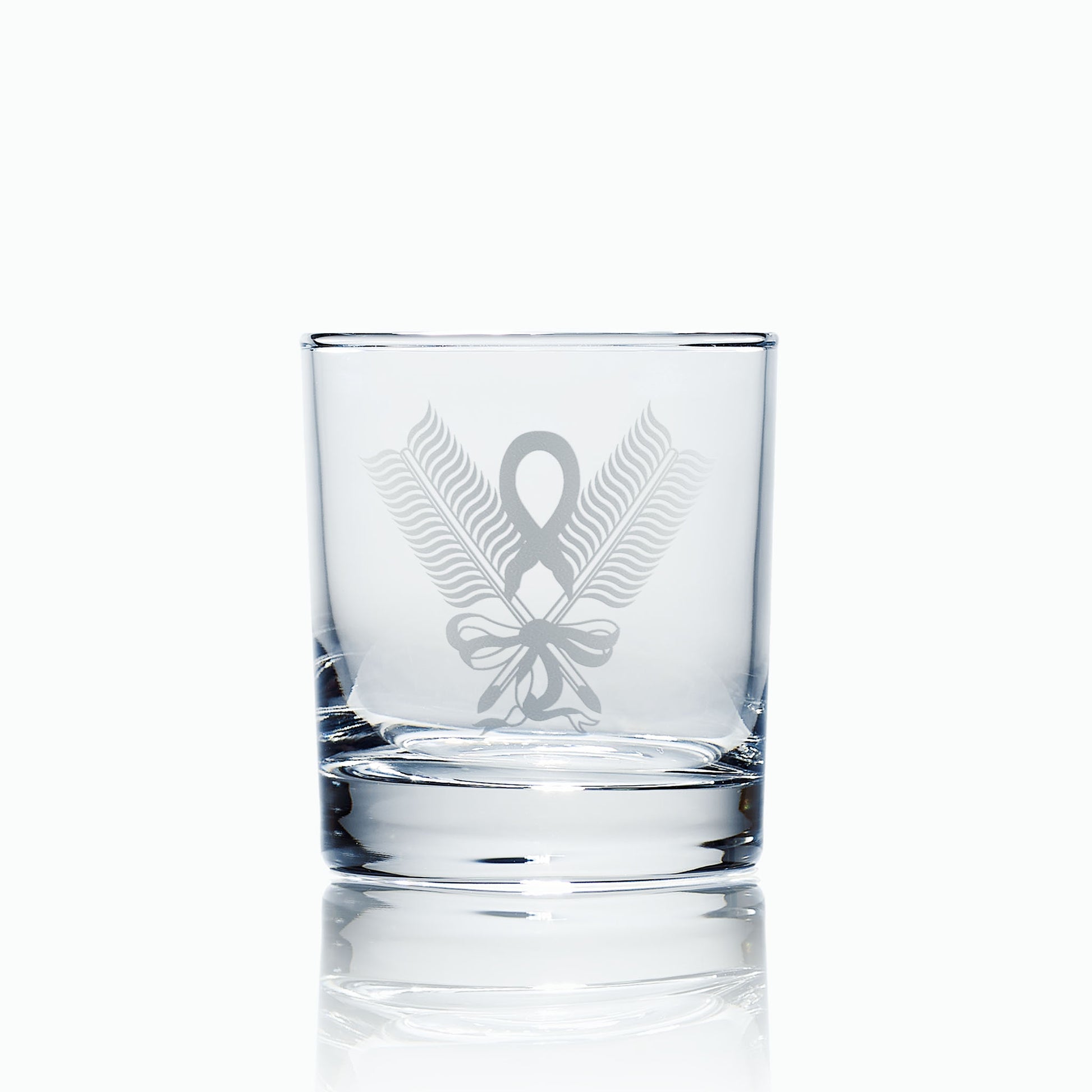 English Constitution Secretary whisky tumbler with engraved Masonic emblem, shown on white background