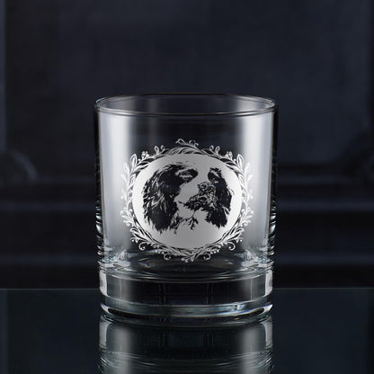 Springer spaniel whisky glass engraved with leaves and space for personalised message
