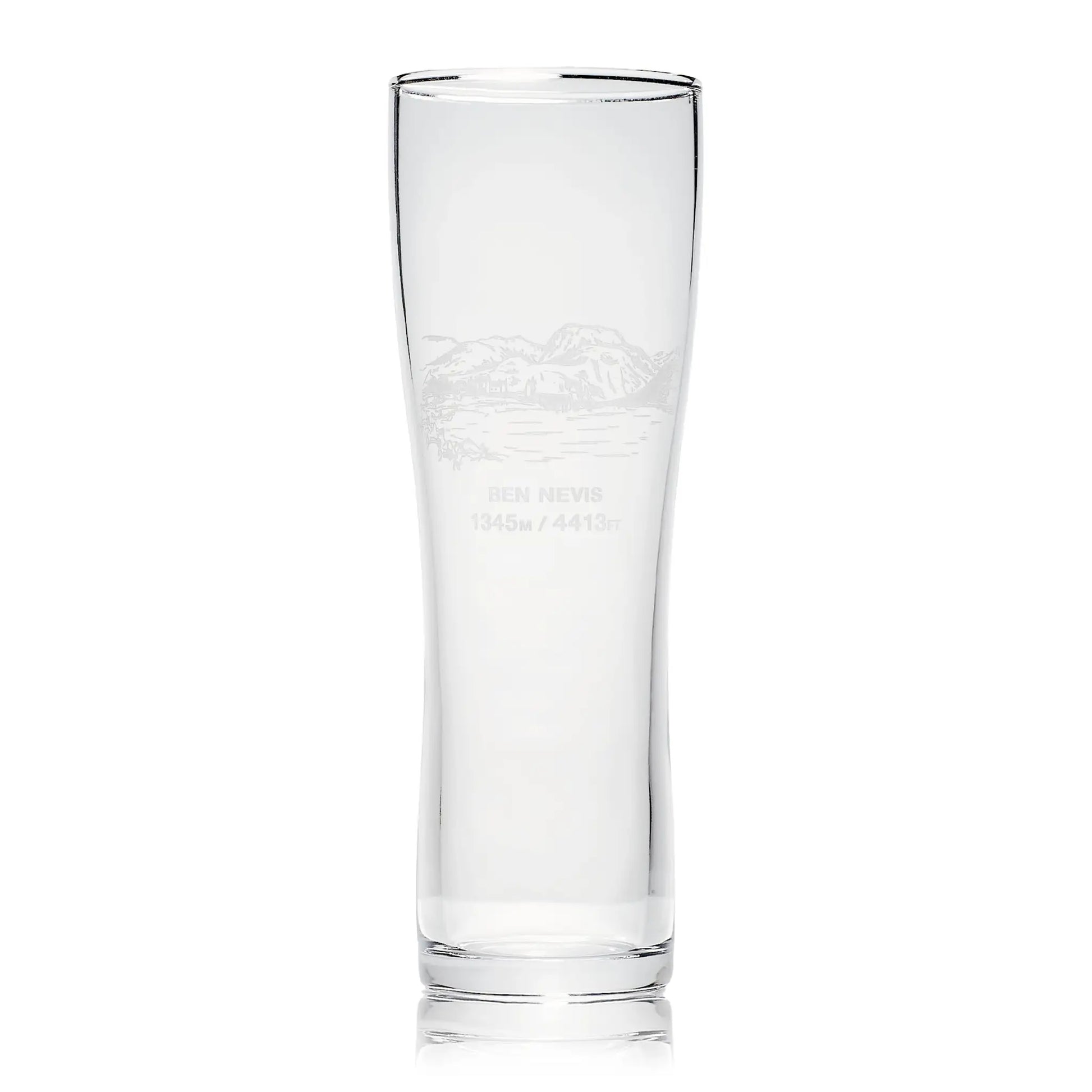 Pint glass engraved with Ben Nevis, photographed on a white background