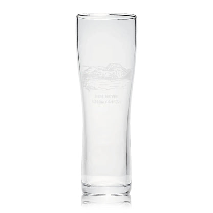 Pint glass engraved with Ben Nevis, photographed on a white background