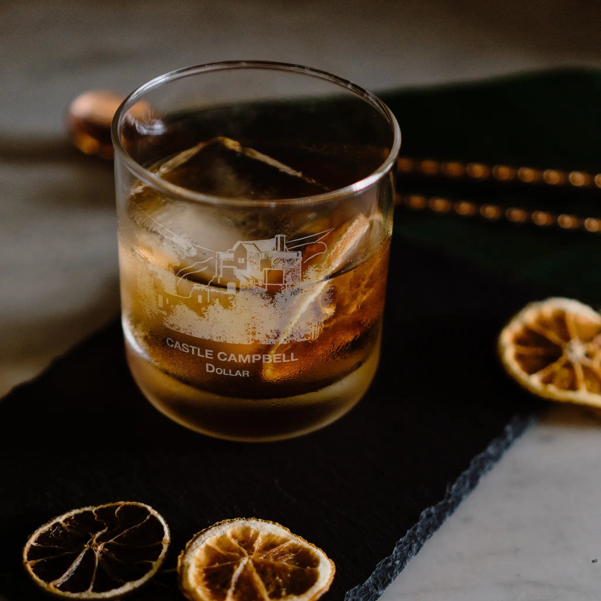 Engraved Glass of whisky featuring Castle Campbell in Clackmannashire, Scotland and personalised text