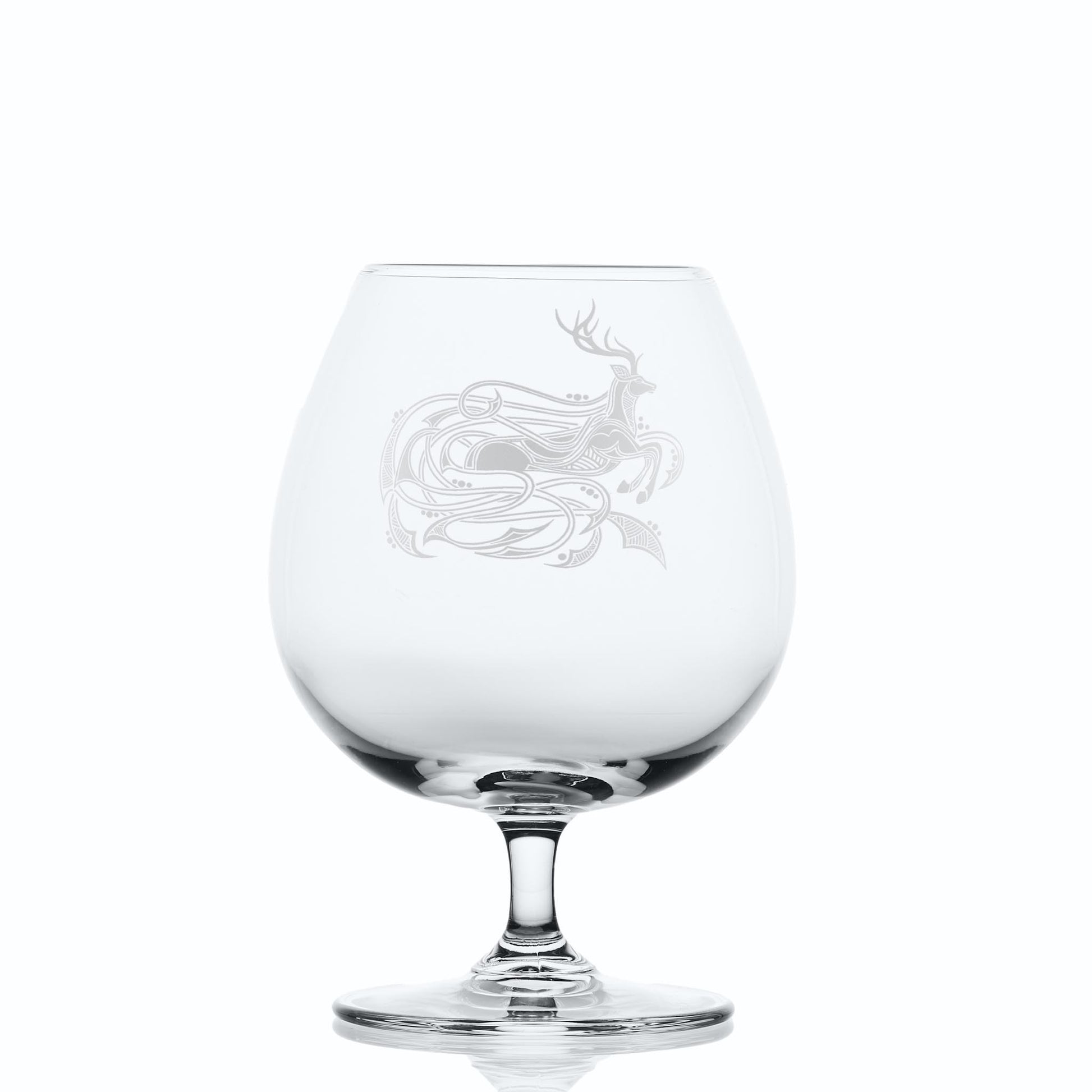Scottish Celtic stag engraving on brandy glass with translucent satin finish.