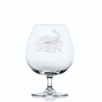 Scottish Celtic stag engraving on brandy glass with translucent satin finish.