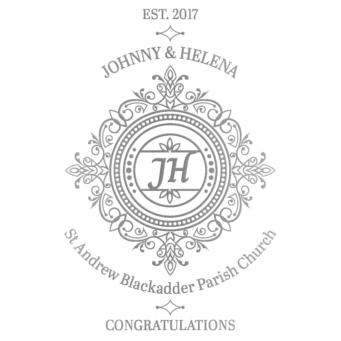 Decorative engraved monogram with text on a white background