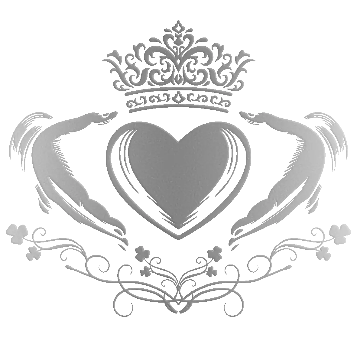 Decorative emblem with a heart, two hands, and a crown on a white background