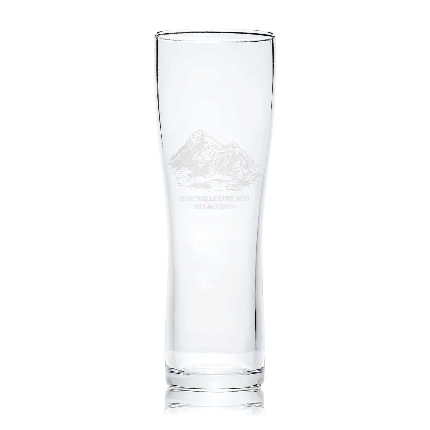 Pint Glass engraved with Coire na Tulaich, Buachaille Etive Mor, in Glencoe photographed on a white background