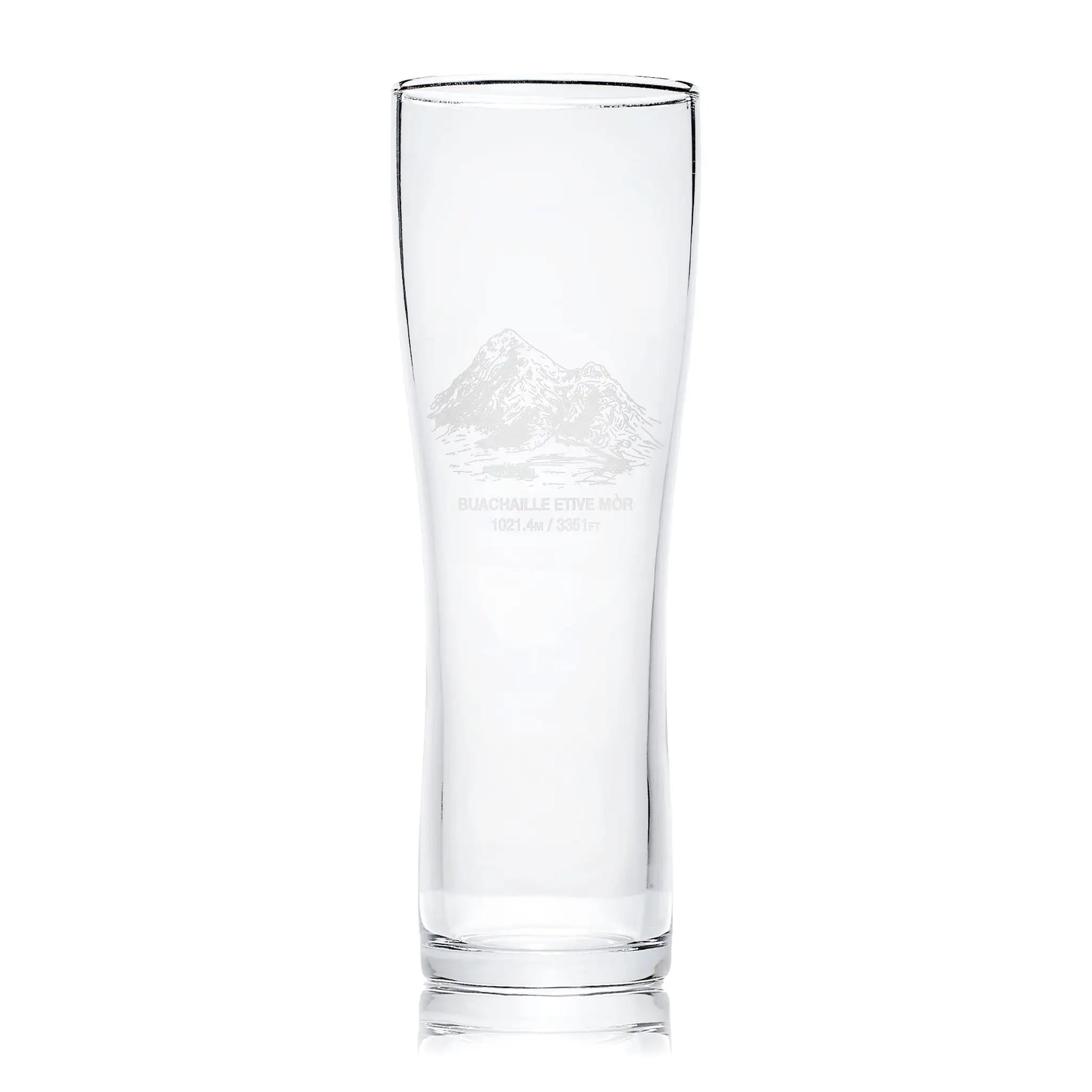 Pint Glass engraved with Coire na Tulaich, Buachaille Etive Mor, in Glencoe photographed on a white background