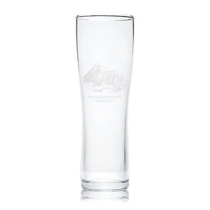 Pint Glass engraved with Coire na Tulaich, Buachaille Etive Mor, in Glencoe photographed on a white background