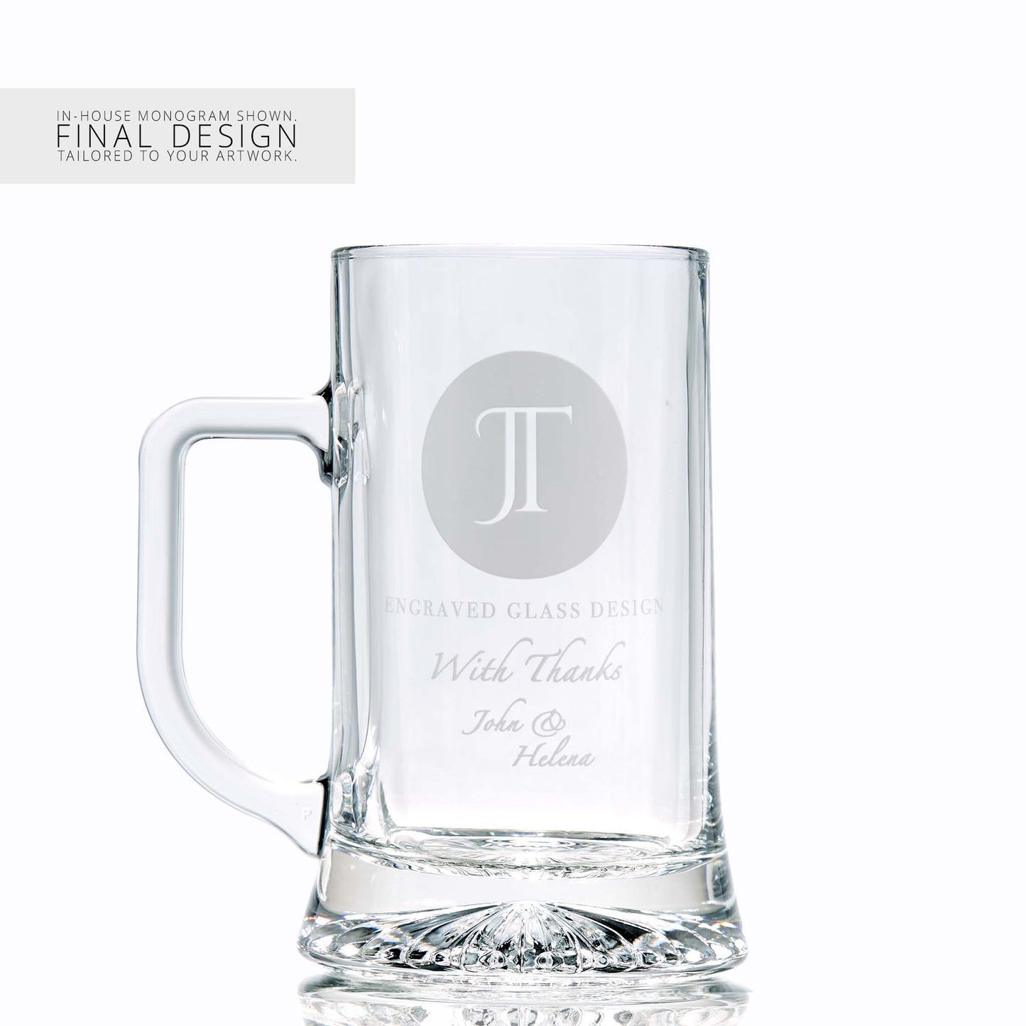 Beer tankard with a corporate logo and a personalised engraved message on a white background