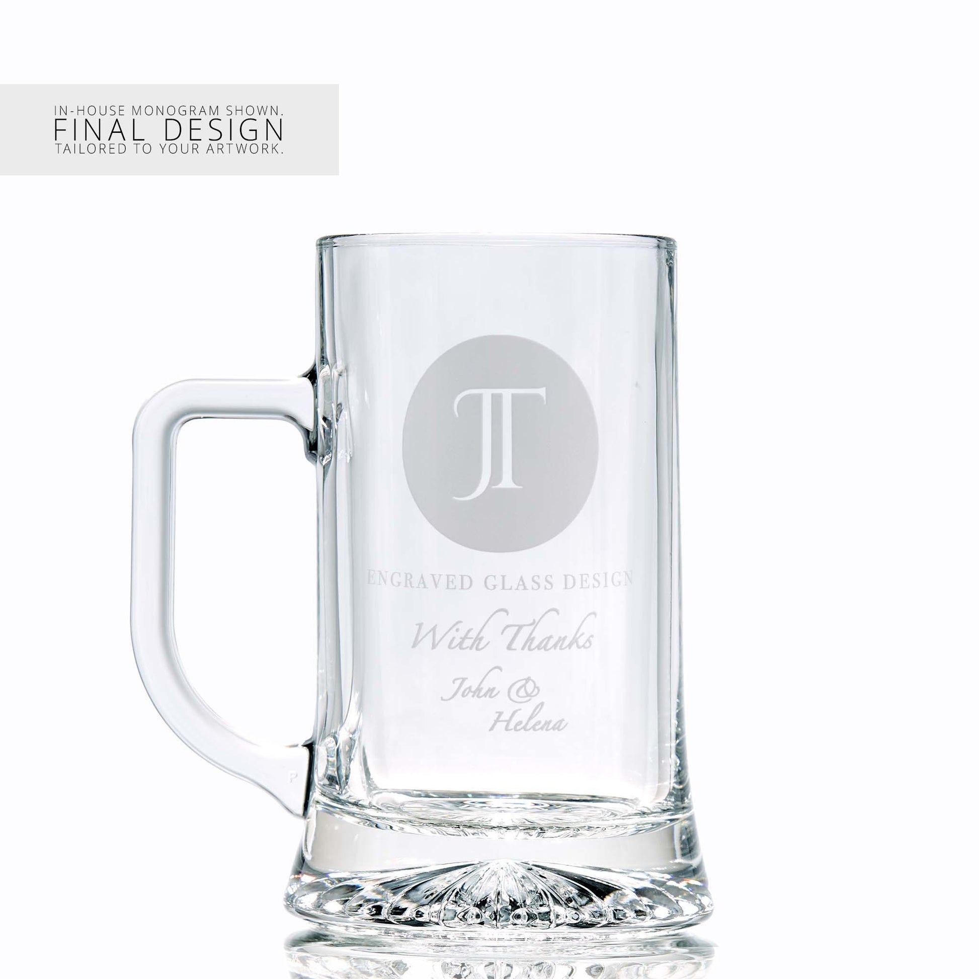 Beer tankard with a corporate logo and a personalised engraved message on a white background