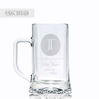 Beer tankard with a corporate logo and a personalised engraved message on a white background