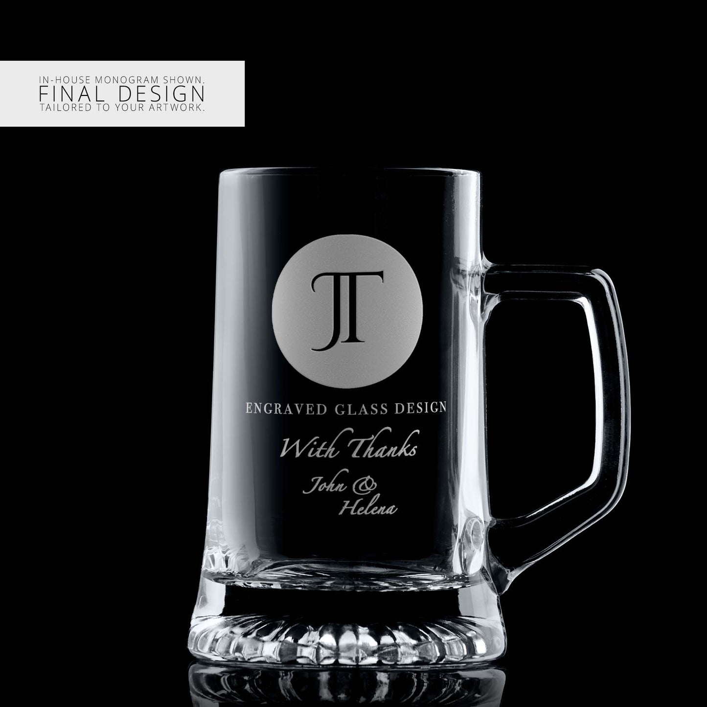 Beer tankard with a corporate logo and a personalised engraved message on a black background