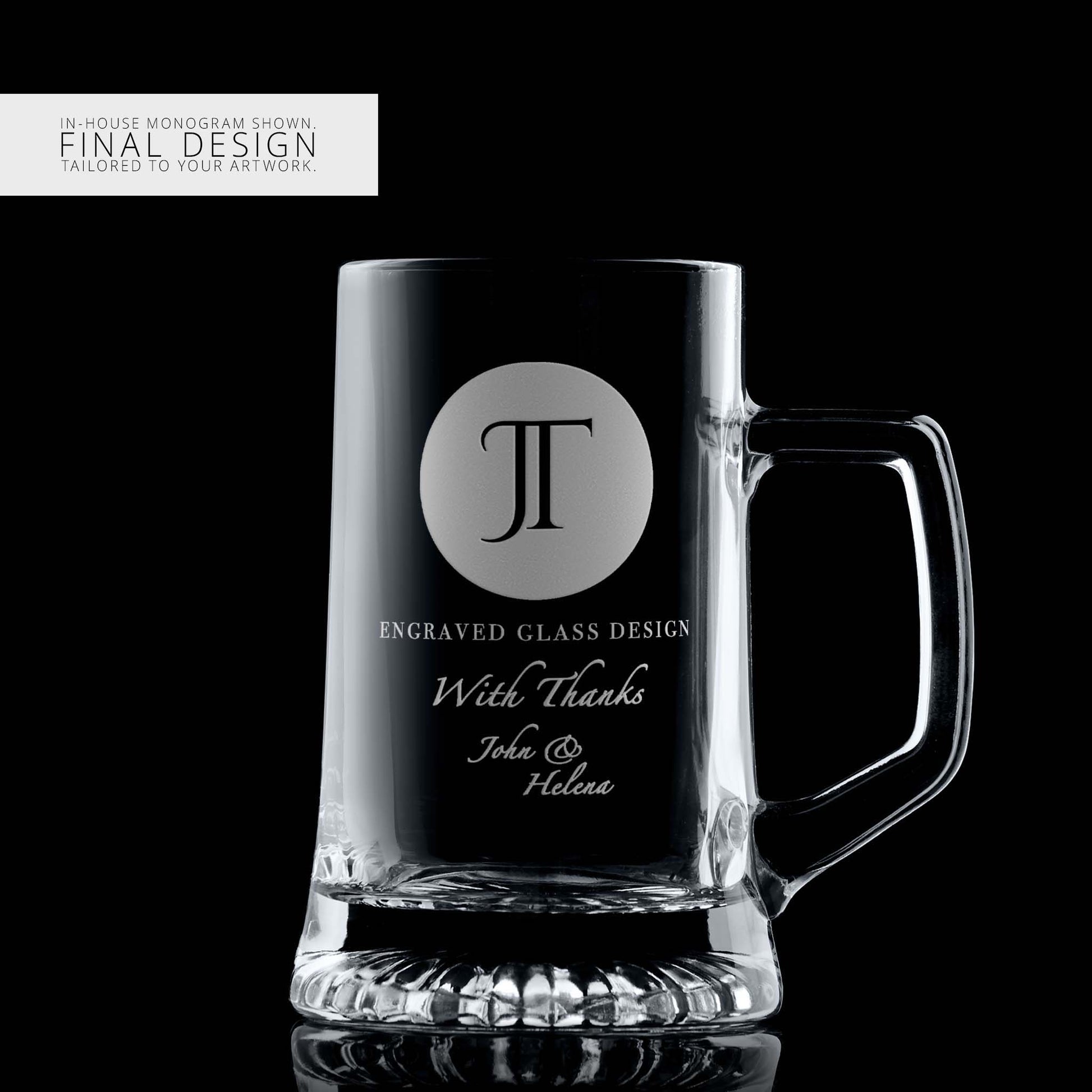 Beer tankard with a corporate logo and a personalised engraved message on a black background