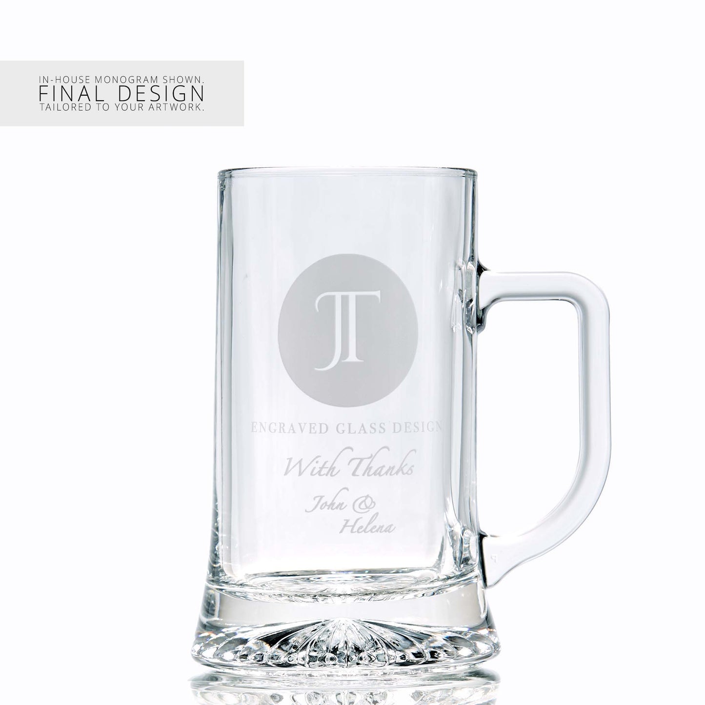 Glass tankard with a corporate logo and a personalised engraved message on a white background