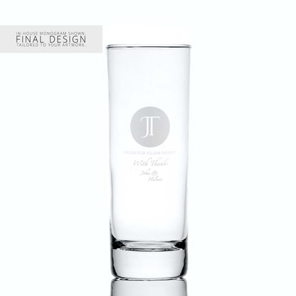 Slim cocktail glass with a corporate logo and a personalised engraved message on a white background