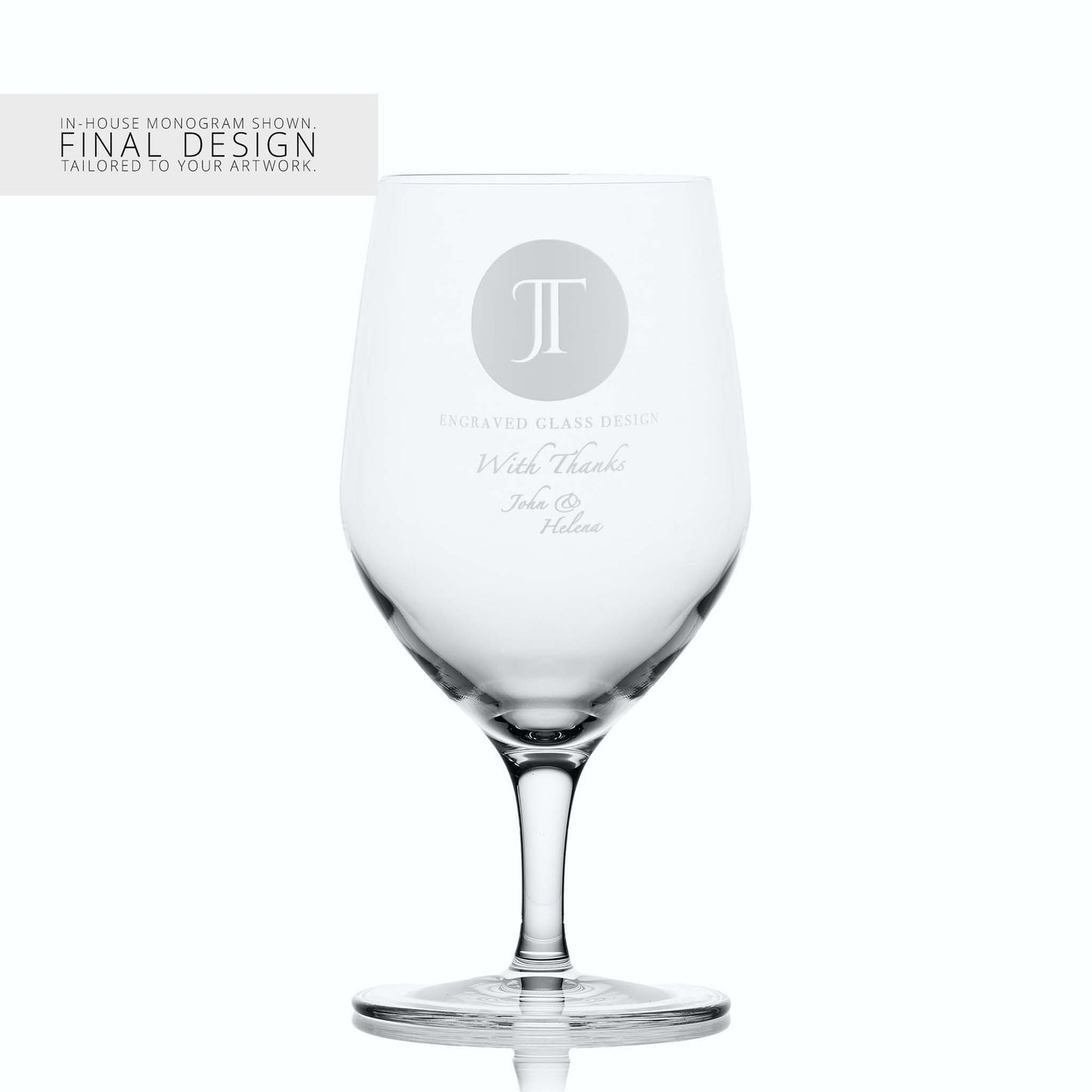 Mineral water glass with a corporate logo and a personalised engraved message on a white background
