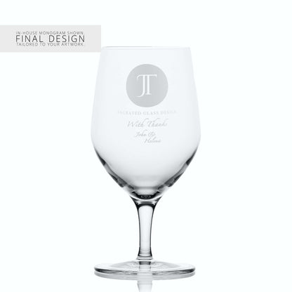 Mineral water glass with a corporate logo and a personalised engraved message on a white background