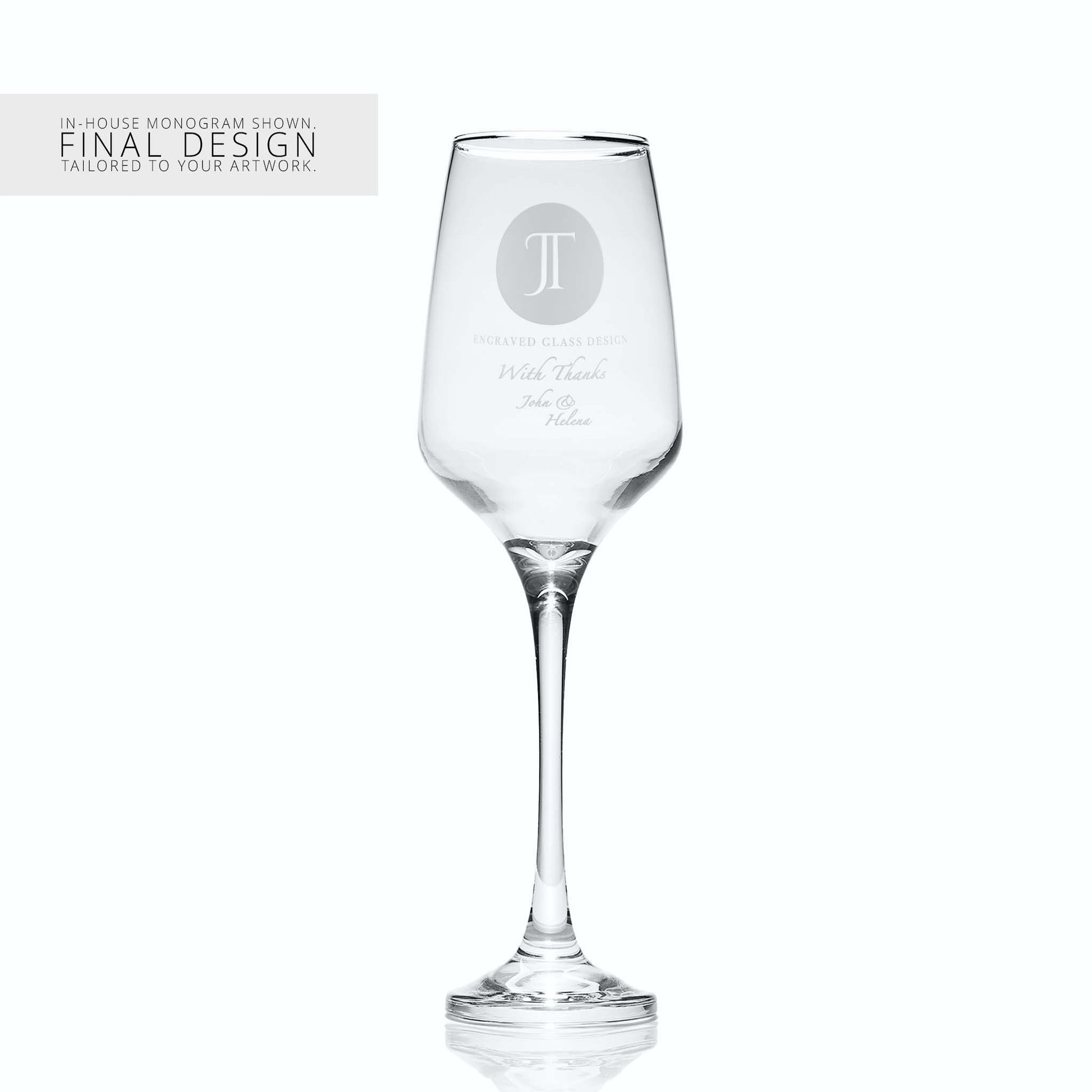 Prosecco glass with a corporate logo and a personalised engraved message on a white background