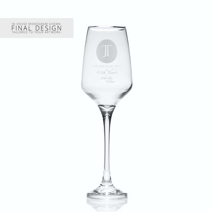 Prosecco glass with a corporate logo and a personalised engraved message on a white background