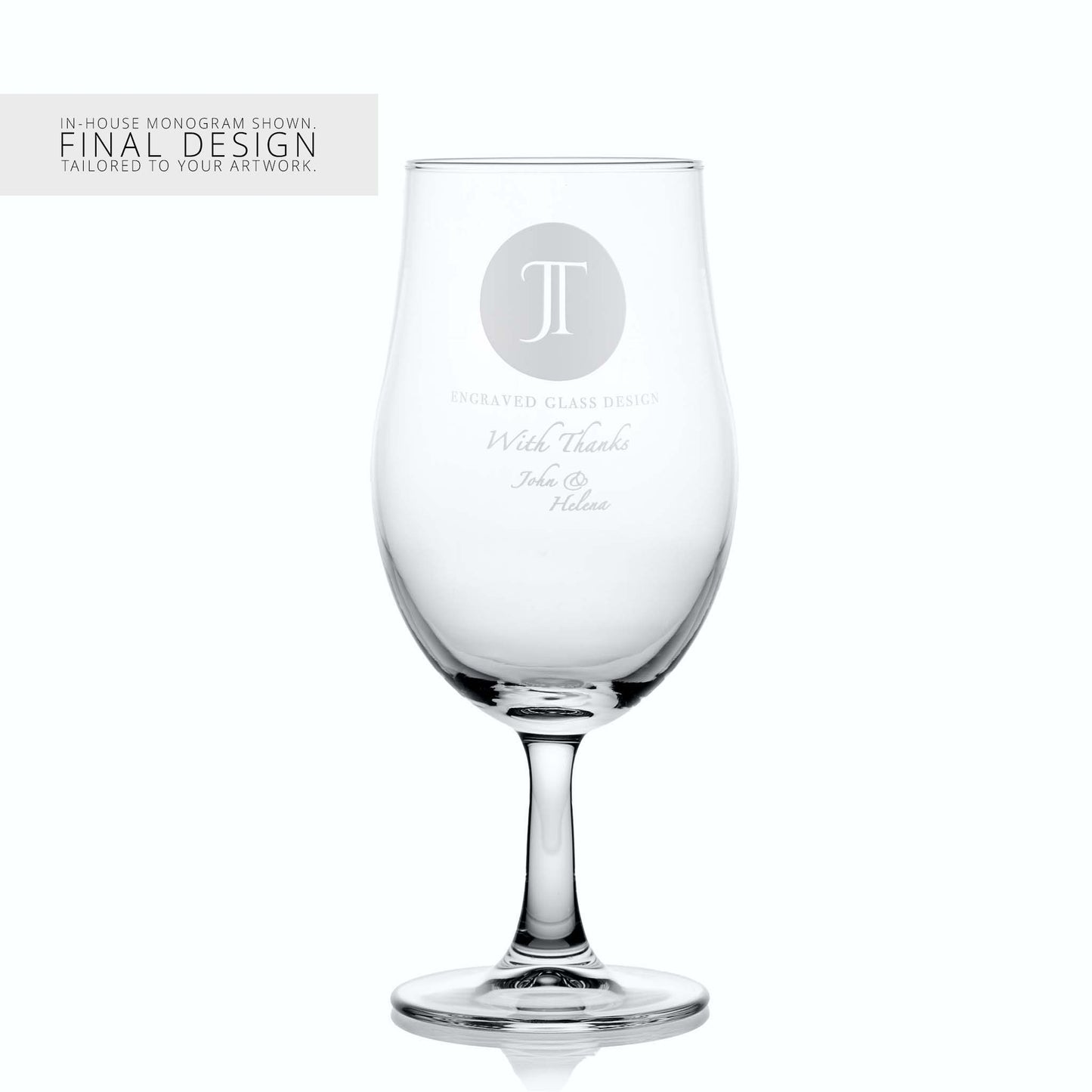 Large stemmed beer pint glass with a corporate logo and a personalised engraved message on a white background