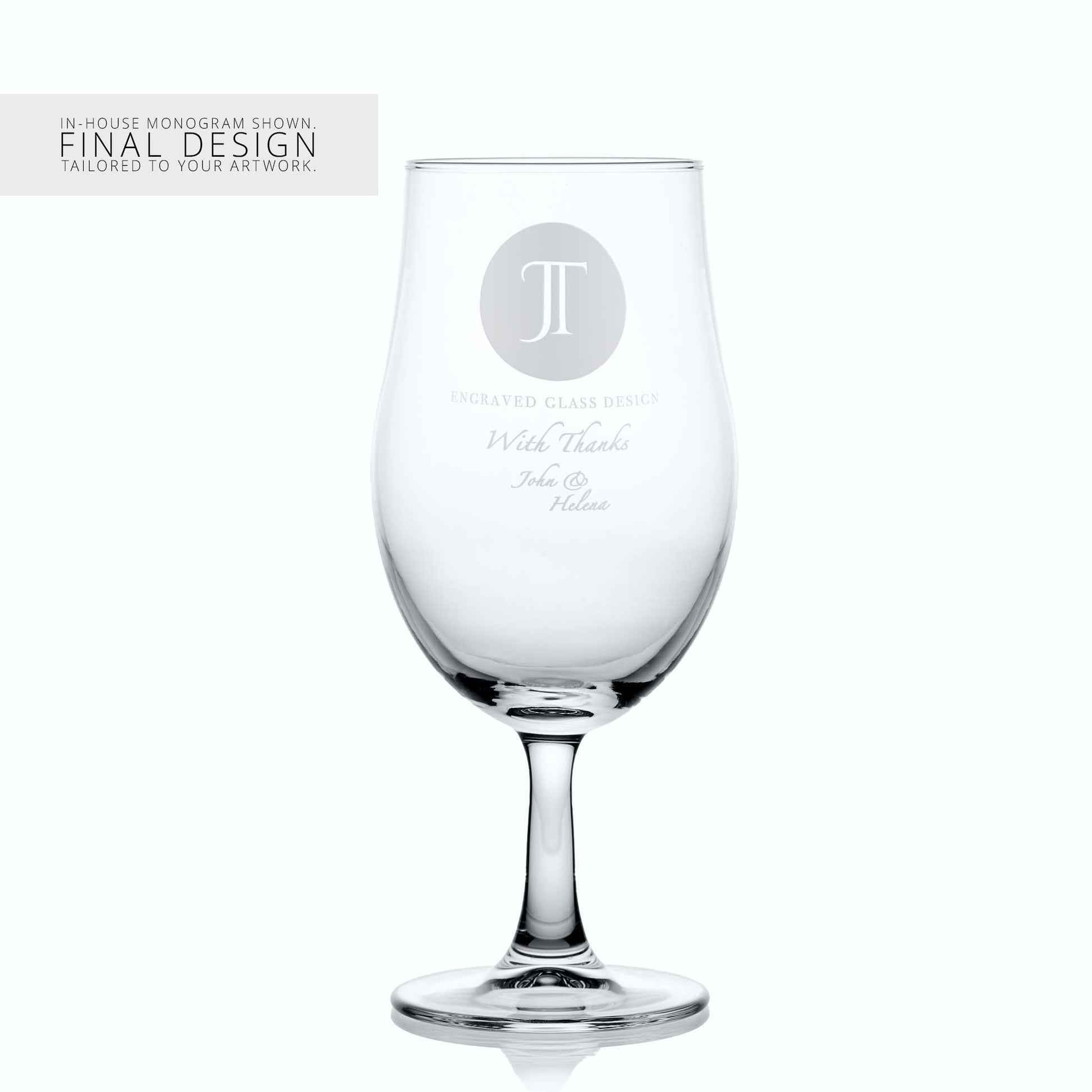 Large stemmed beer pint glass with a corporate logo and a personalised engraved message on a white background