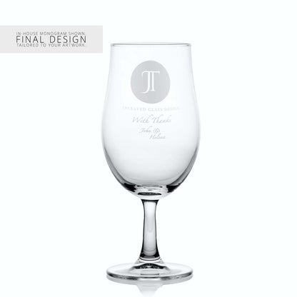 Large stemmed beer pint glass with a corporate logo and a personalised engraved message on a white background