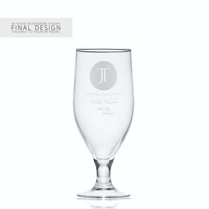 Stemmed beer glass with a corporate logo and a personalised engraved message on a white background