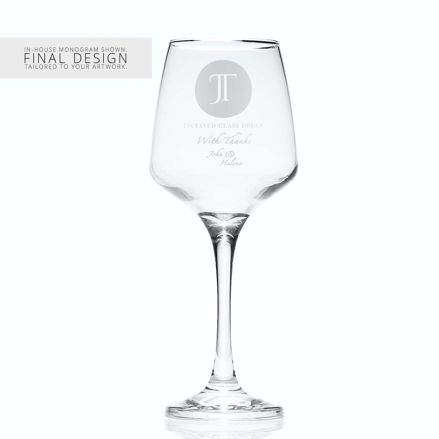 Wine glass with a corporate logo and a personalised engraved message on a white background