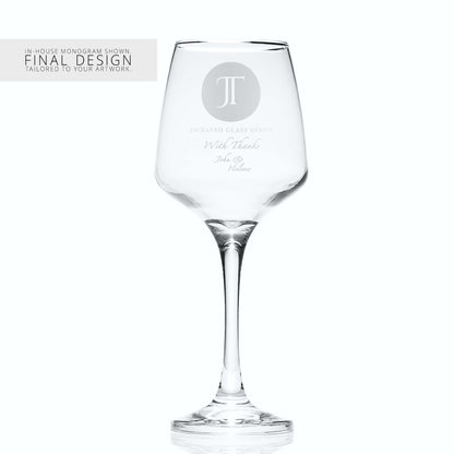 Wine glass with a corporate logo and a personalised engraved message on a white background