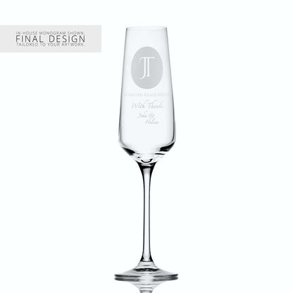 Tall champagne flute with a corporate logo and a personalised engraved message on a white background