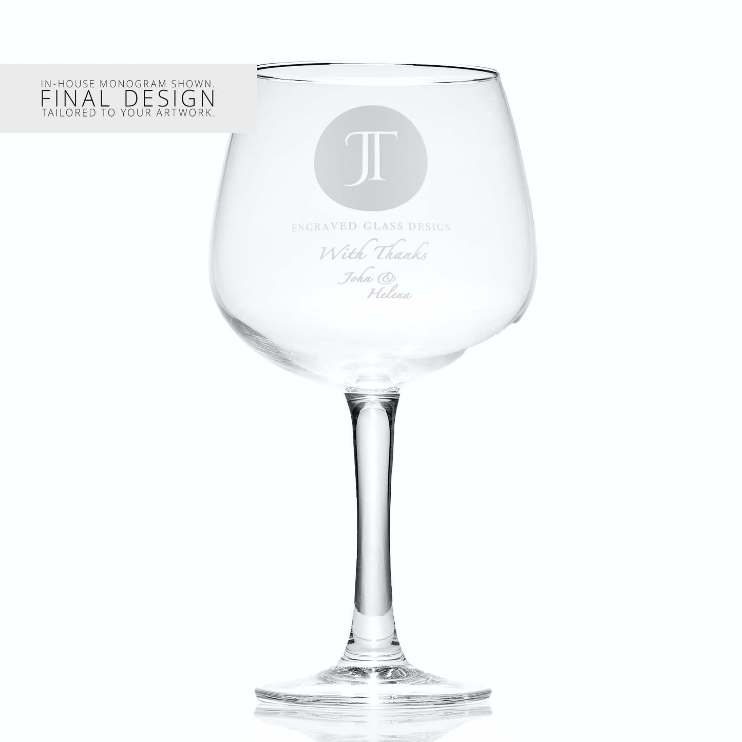 Gin glass with a corporate logo and a personalised engraved message on a white background