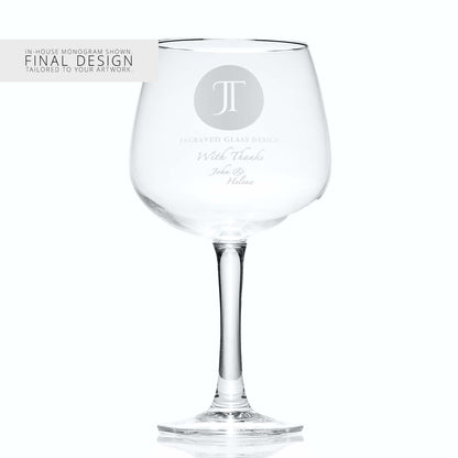 Gin glass with a corporate logo and a personalised engraved message on a white background