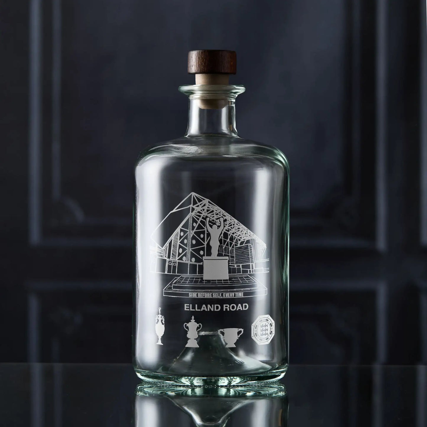 Elland Road apothecary-style decanter engraved with stadium’s unmistakable façade.