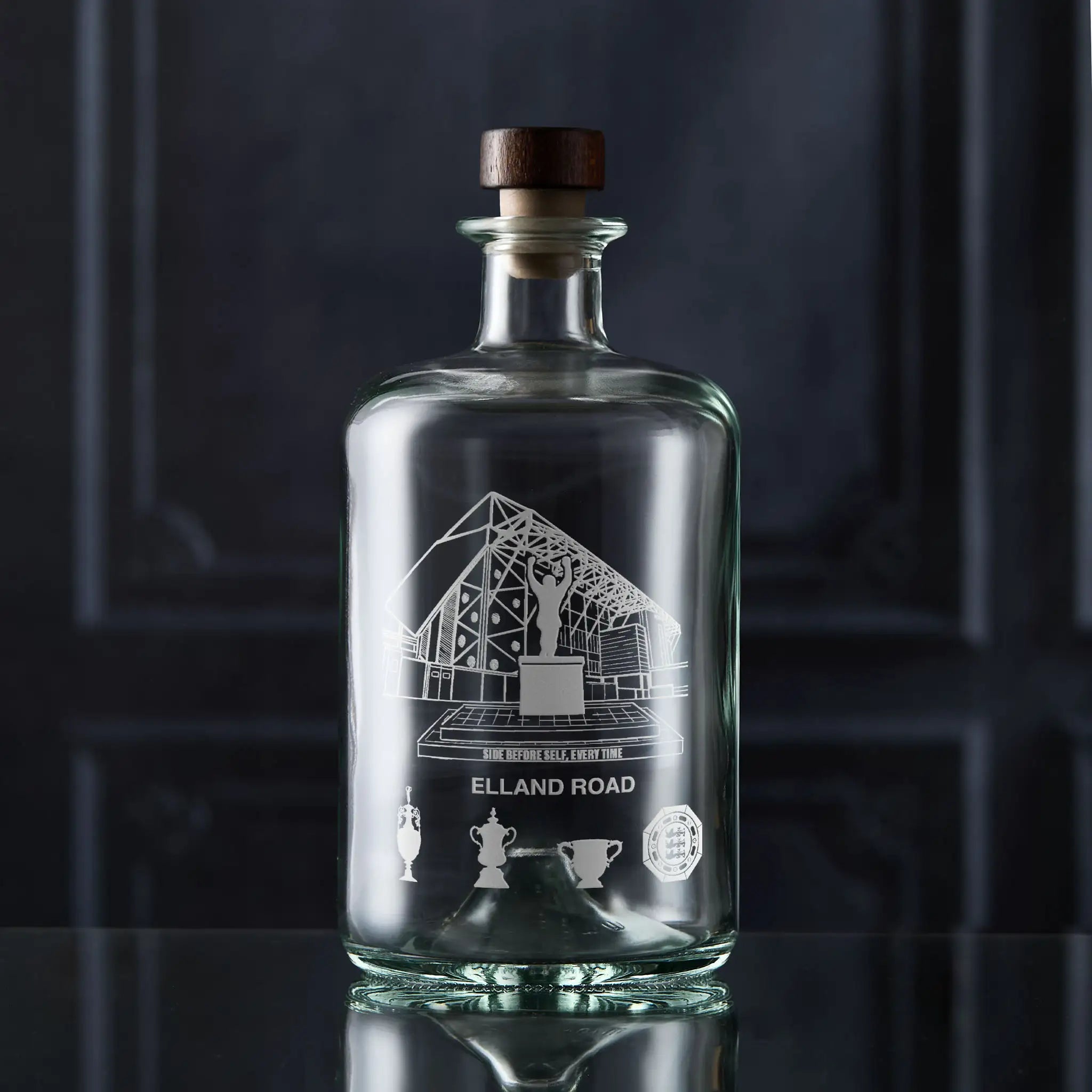 Elland Road apothecary-style decanter engraved with stadium’s unmistakable façade.