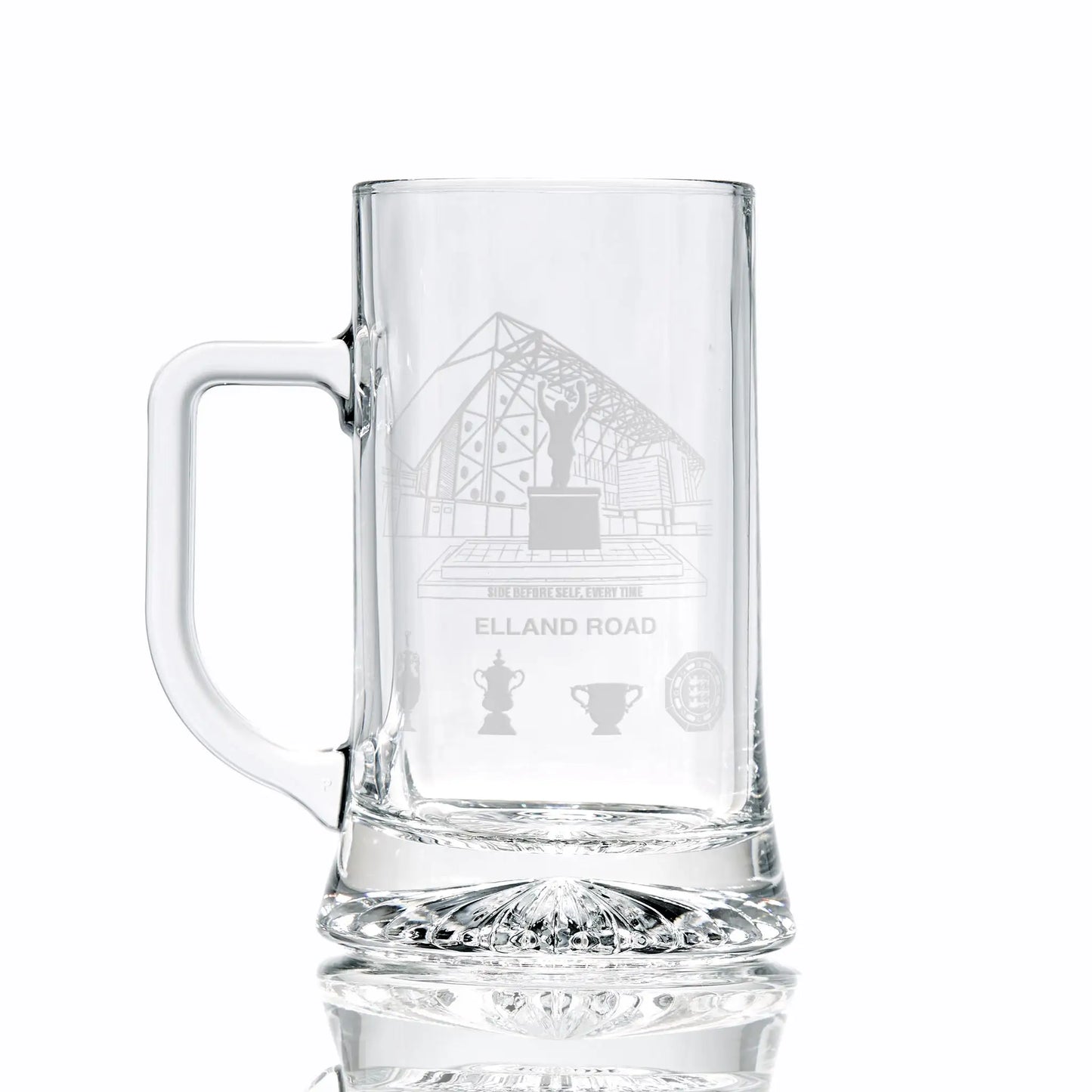 Leeds Clear glass tankard with engraved Elland Road design on a white background