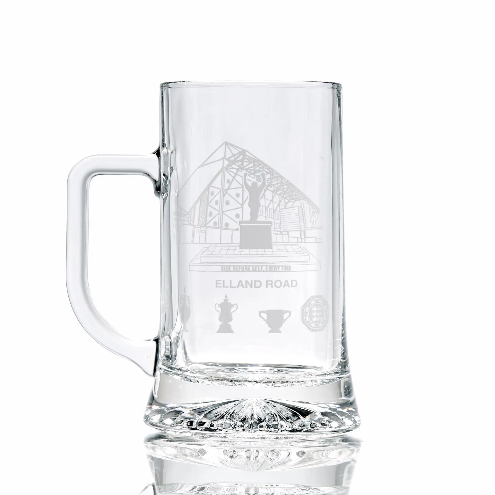 Leeds Clear glass tankard with engraved Elland Road design on a white background