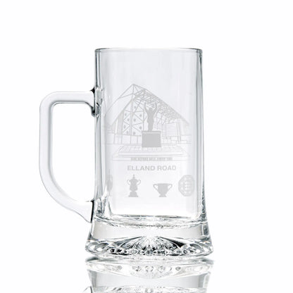 Leeds Clear glass tankard with engraved Elland Road design on a white background
