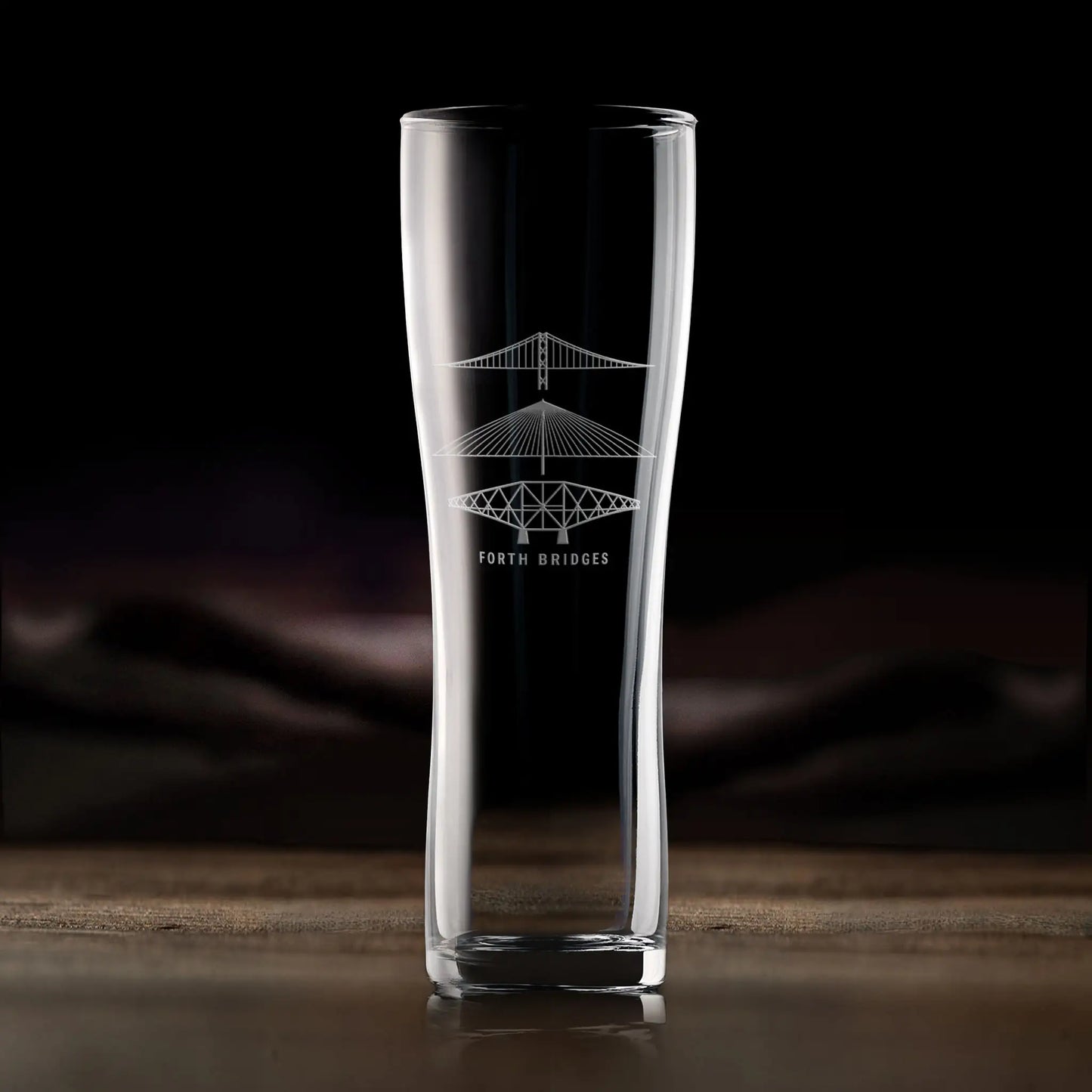 Pint glass engraved with Forth Road Bridge, Forth Rail Bridge and Queensferry Crossing in Fife