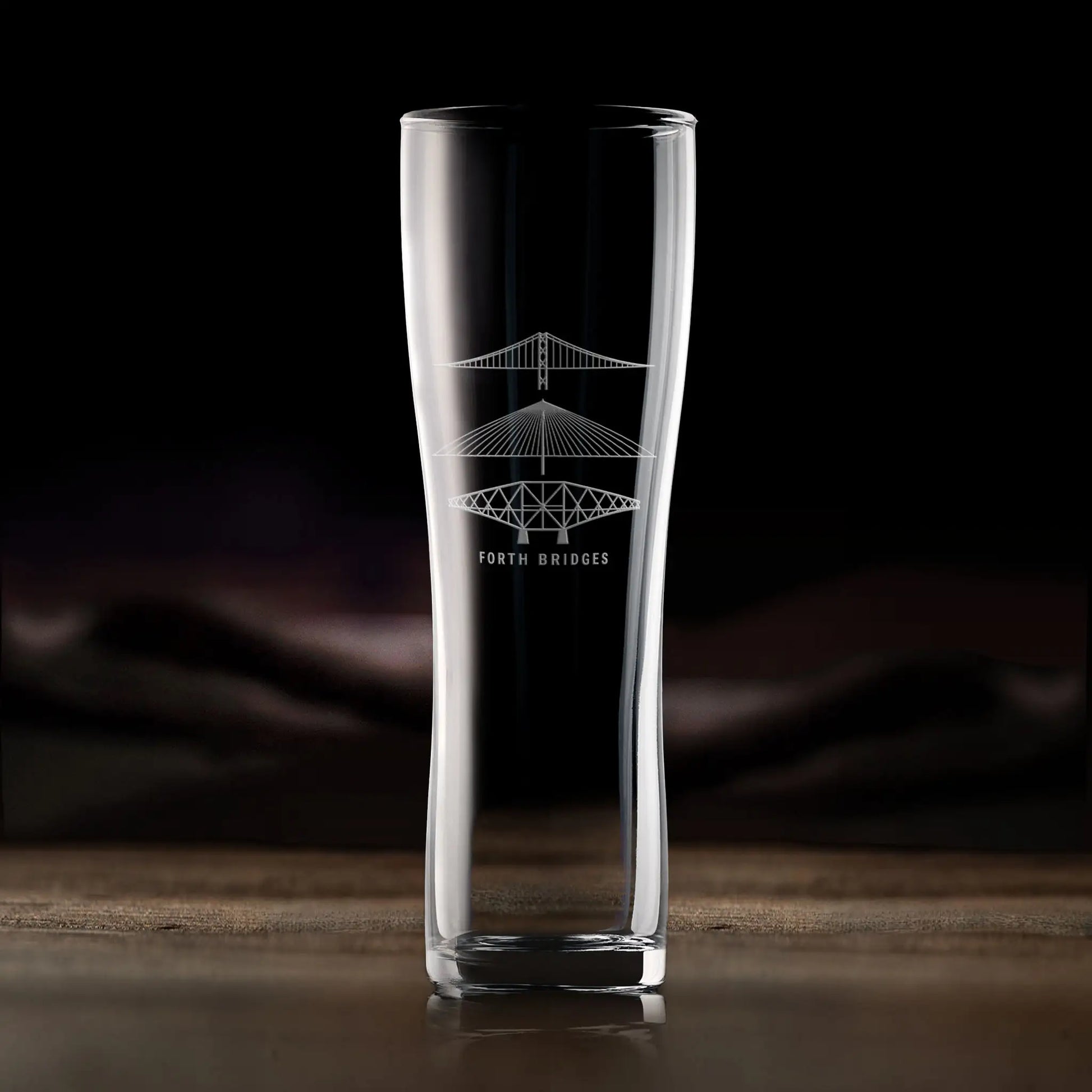Pint glass engraved with Forth Road Bridge, Forth Rail Bridge and Queensferry Crossing in Fife