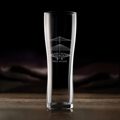 Pint glass engraved with Forth Road Bridge, Forth Rail Bridge and Queensferry Crossing in Fife