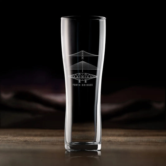 Pint glass engraved with Forth Road Bridge, Forth Rail Bridge and Queensferry Crossing in Fife