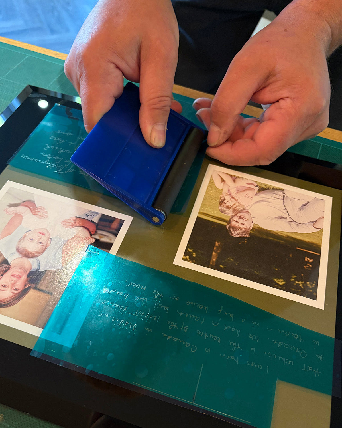 Engraving mask being prepared over the framed photographic composition