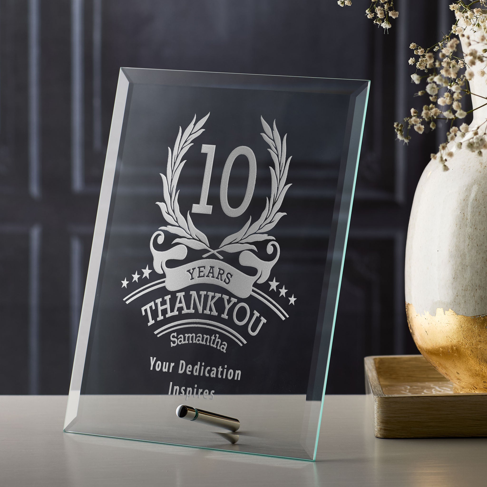 Large display plaque engraved with ‘10’ years of service design and custom message
