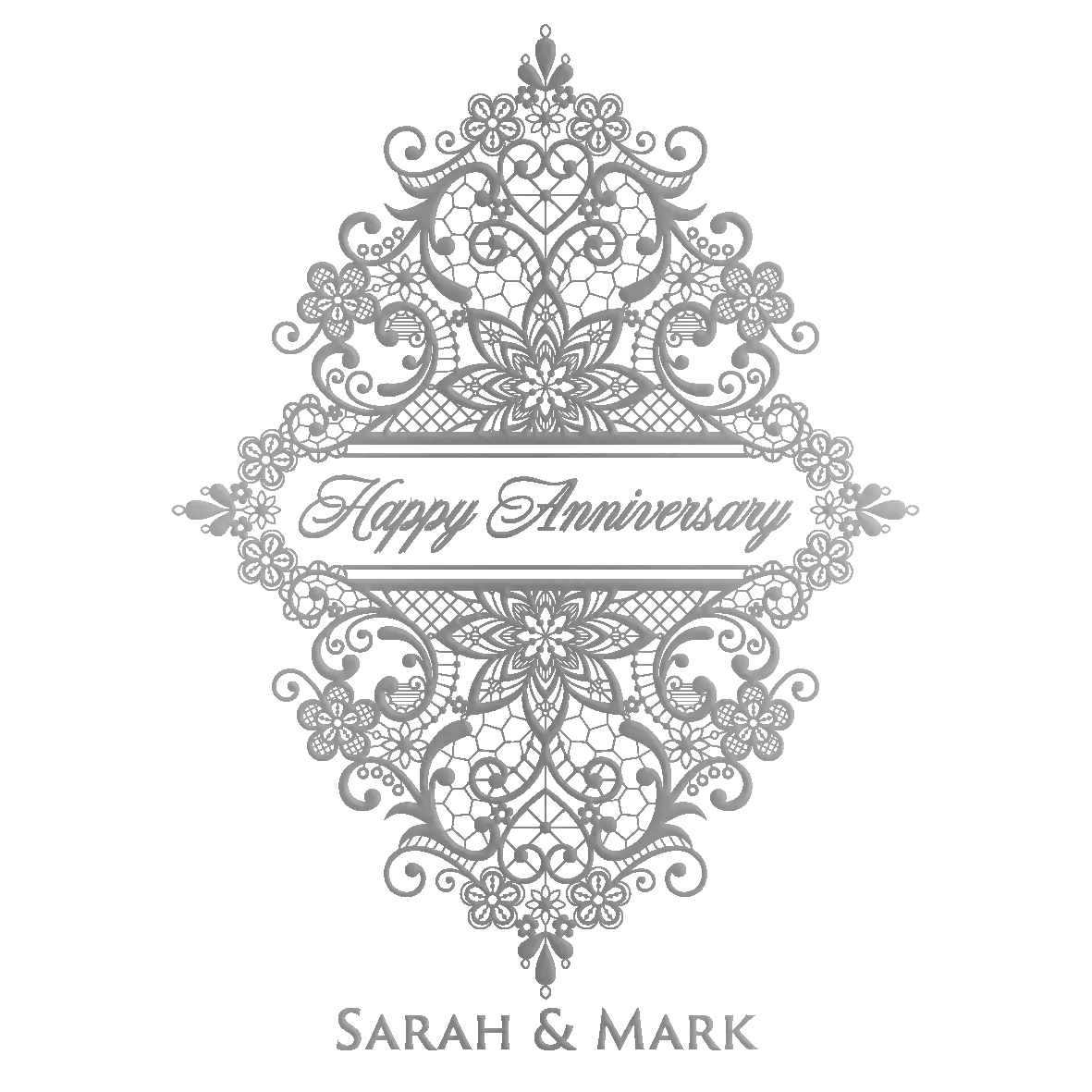 Decorative engraving with 'Happy Anniversary' and 'Sarah & Mark' text on a white background